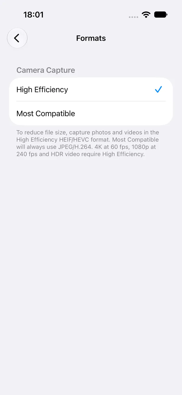 iOS 27 Camera Formats settings with High Efficiency selected and Most Compatible as the other option.