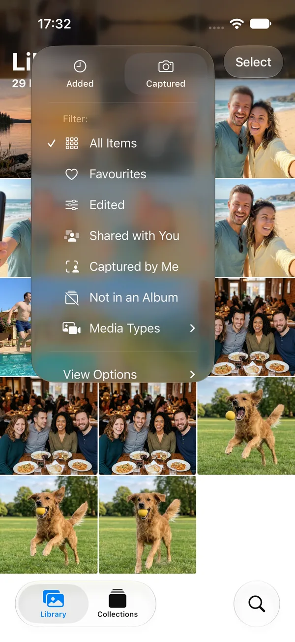 The Library filter menu in the iOS 27 Photos app, listing All Items, Favourites, Edited, Shared with You, Captured by Me, Not in an Album, Media Types and View Options.