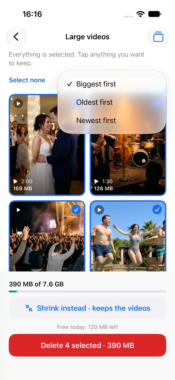 Tidily Large videos screen with the sort menu open, showing Biggest first, Oldest first and Newest first.